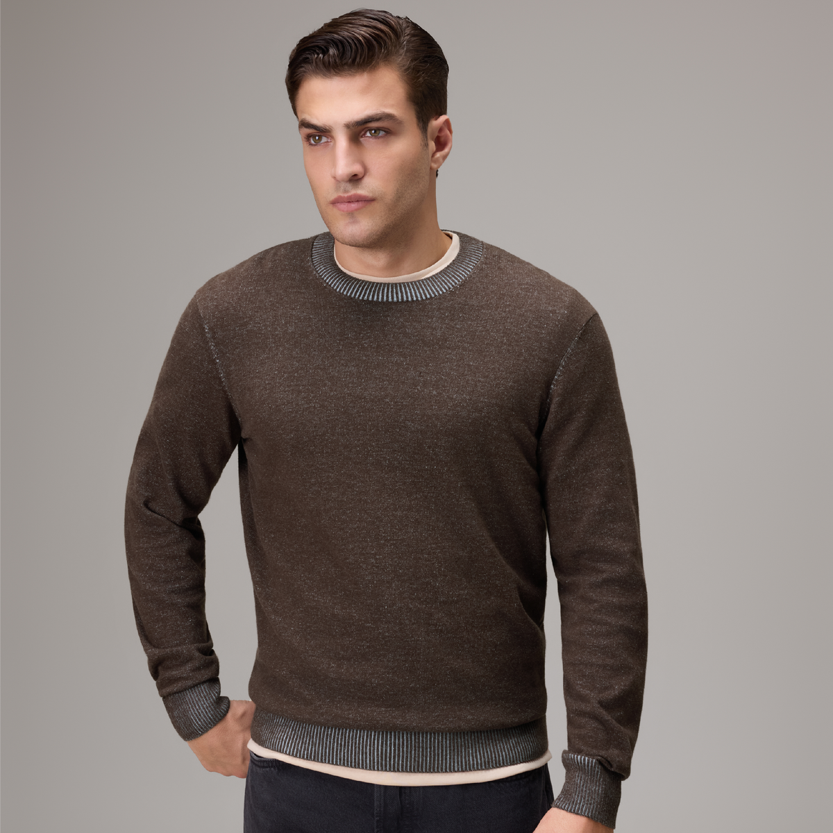 Round Neck Knit Sweater - Espresso Brown