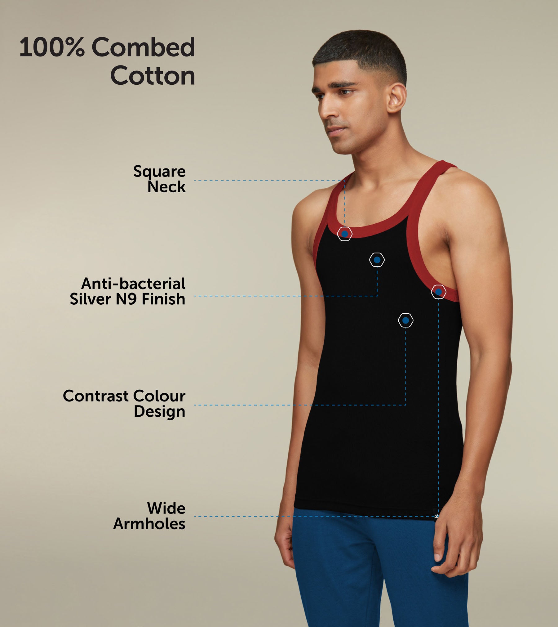 Pace Square Neck Vests For Men Ribbon Black - XYXX Mens Apparels