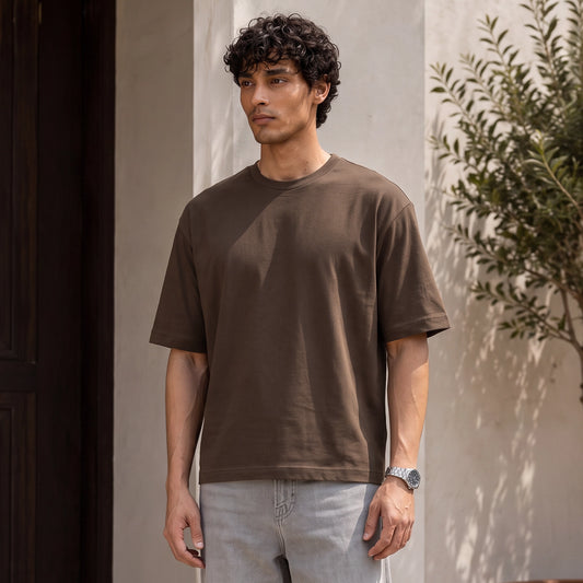 Boxy Oversized Crewneck T-shirt - Espresso Brown