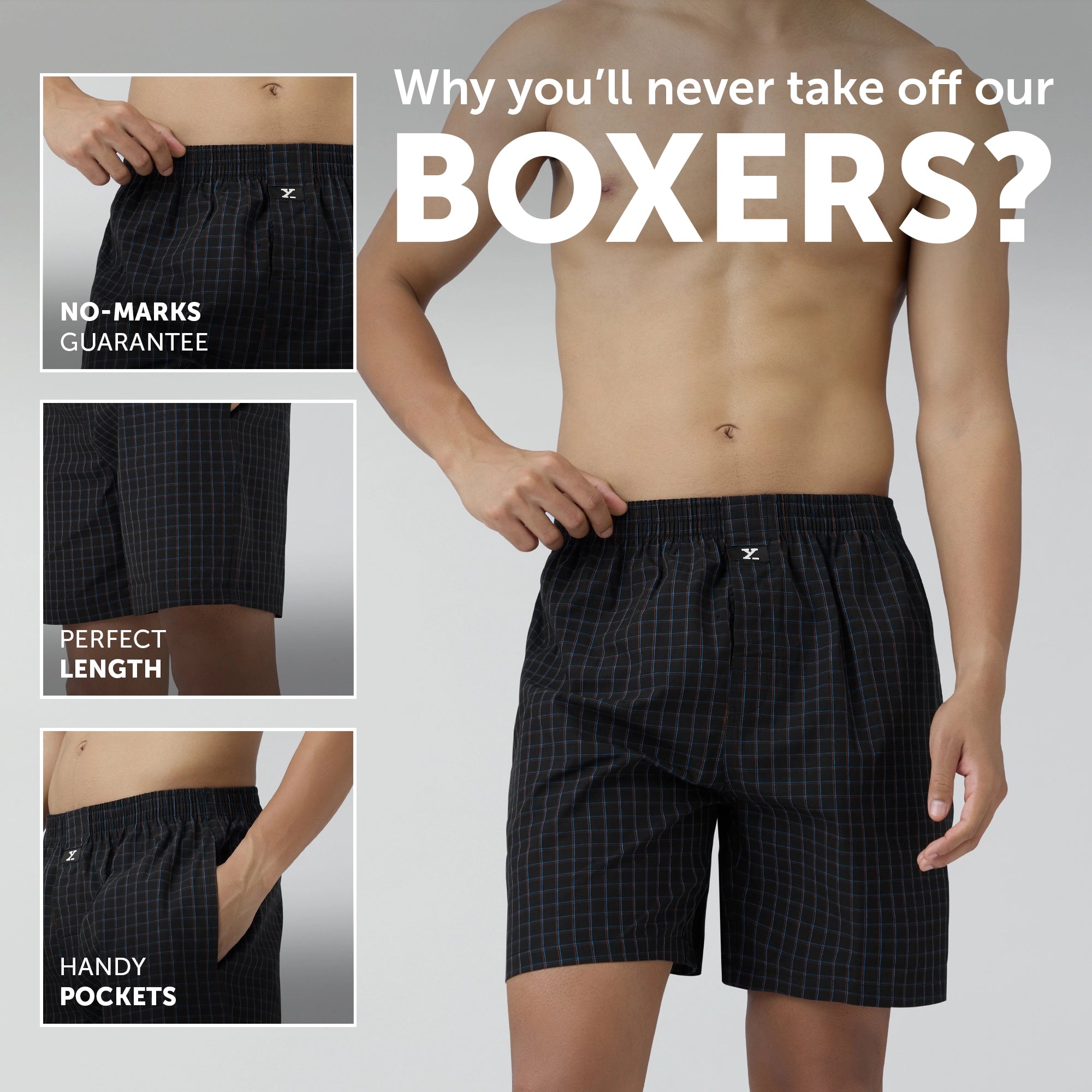 Checkmate Combed Cotton Boxer Shorts Charcoal Black