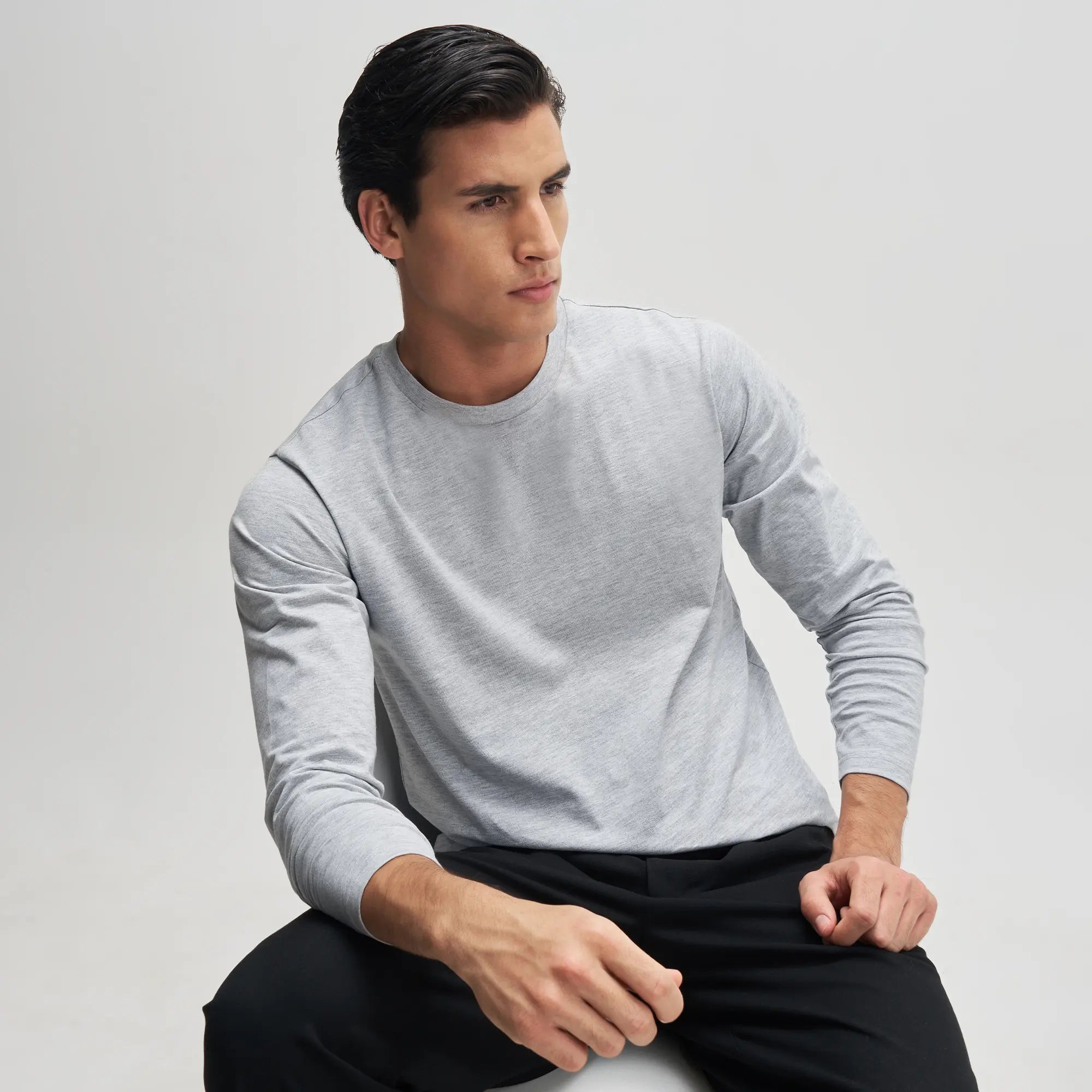 Full Sleeve Crew Neck T-Shirt - Muted Grey Melange