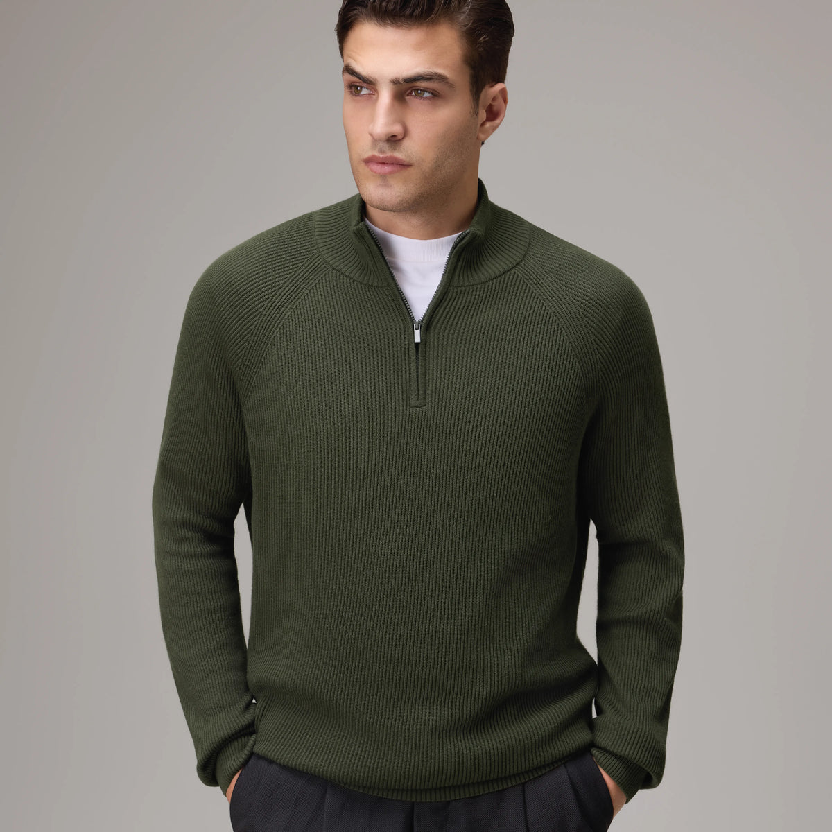 Half-Zip Knit Sweater - Olive Green