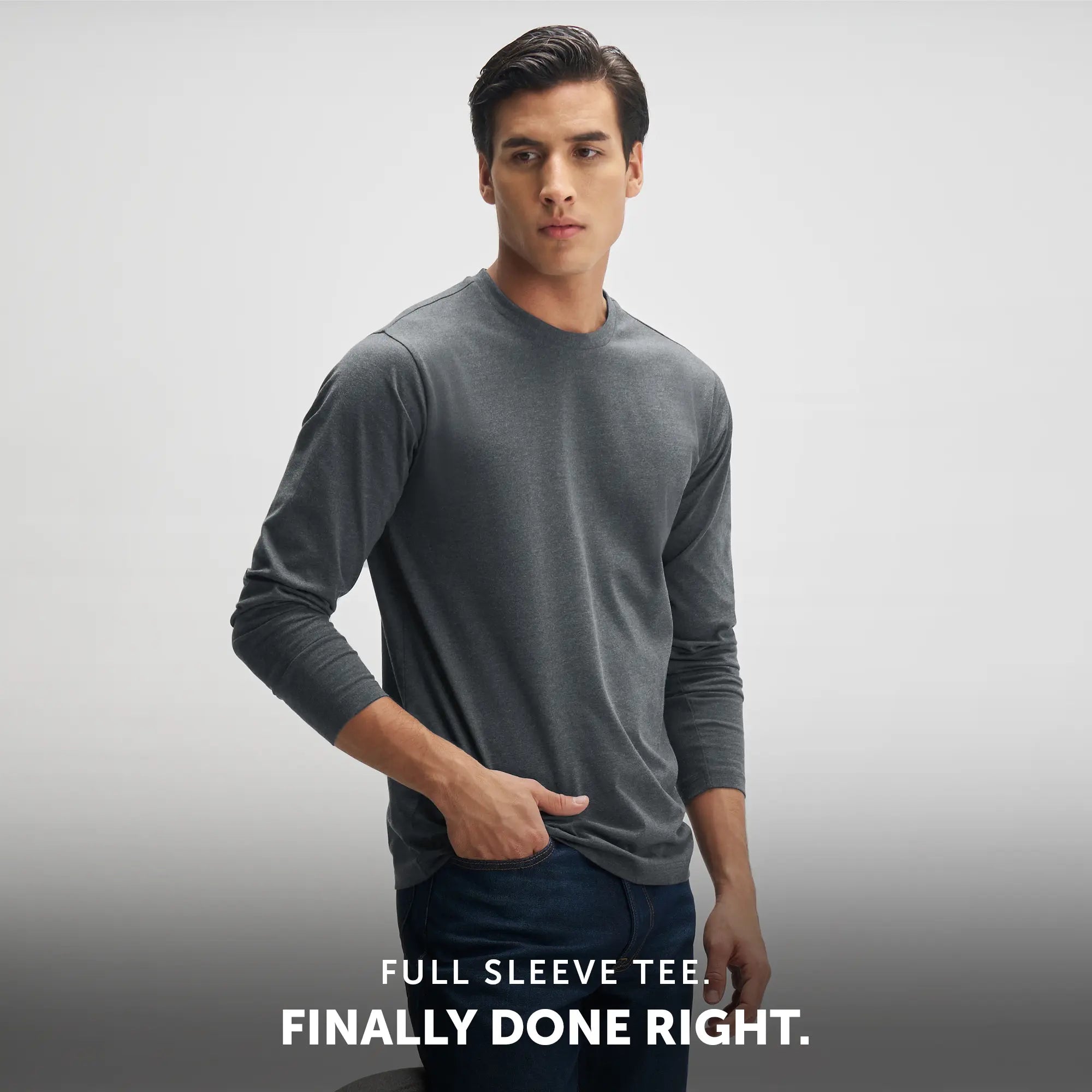 Full Sleeve Crew Neck T-Shirt - Charcoal Grey Melange