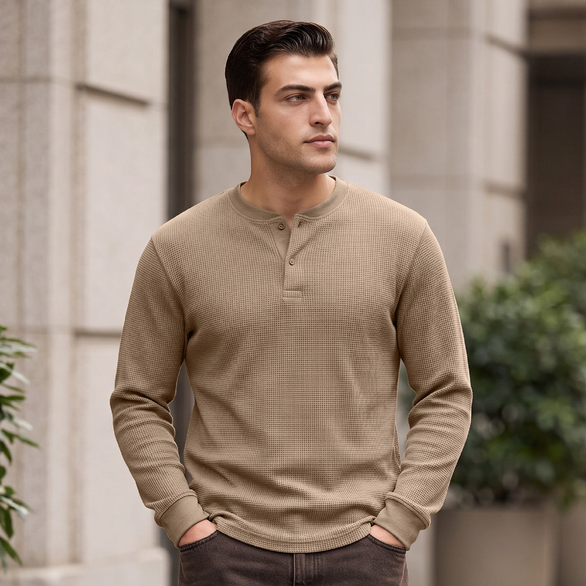 Full Sleeve Henley T-shirt - Biscuit Brown
