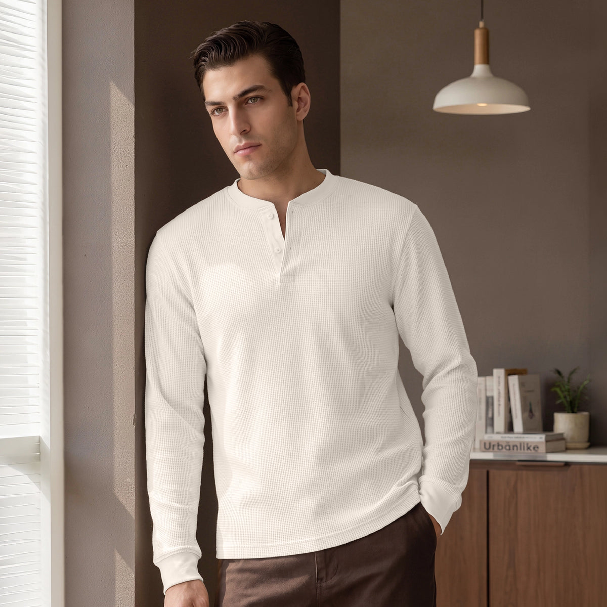 Full Sleeve Henley T-shirt - Almond White