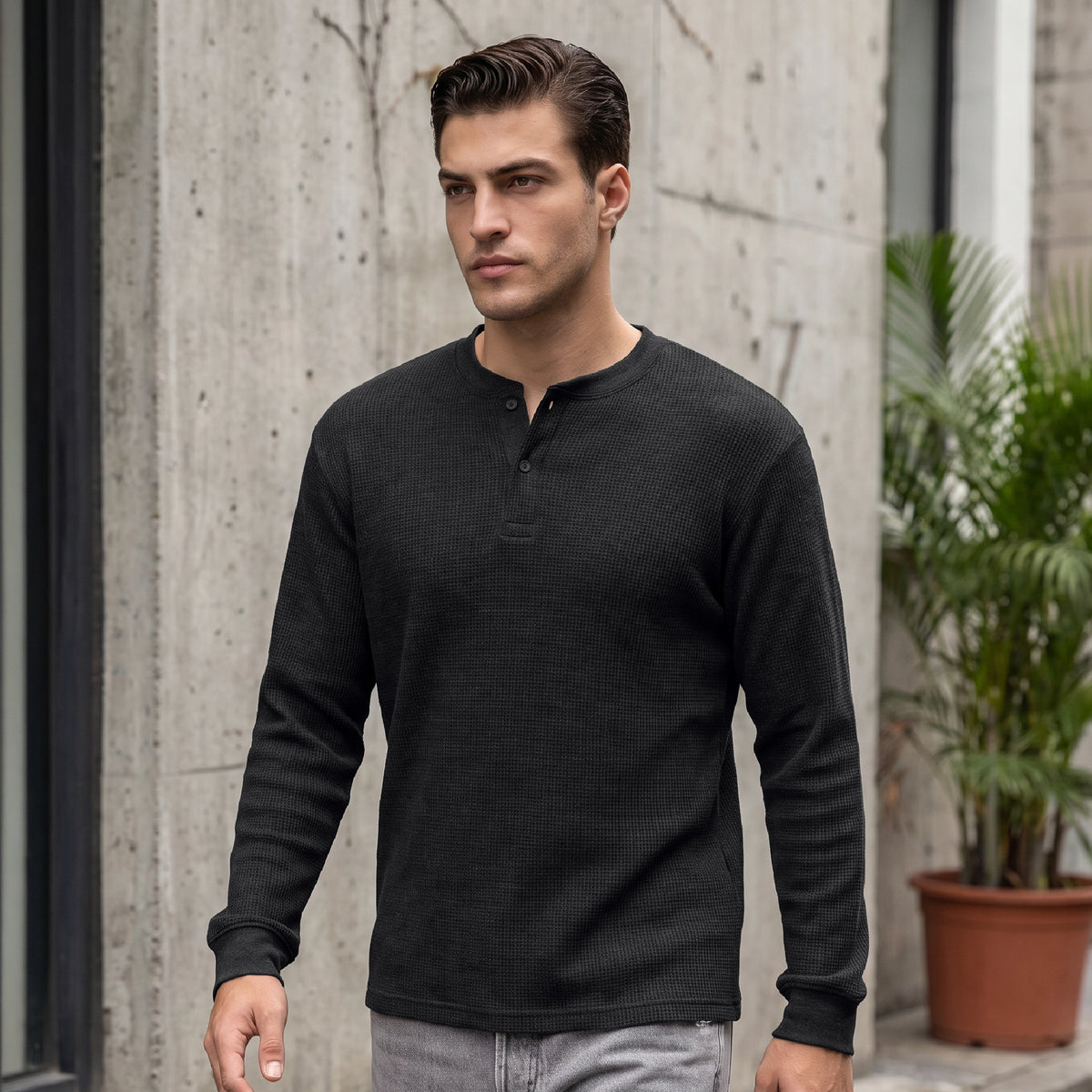 Full Sleeve Henley T-shirt - Pitch Black