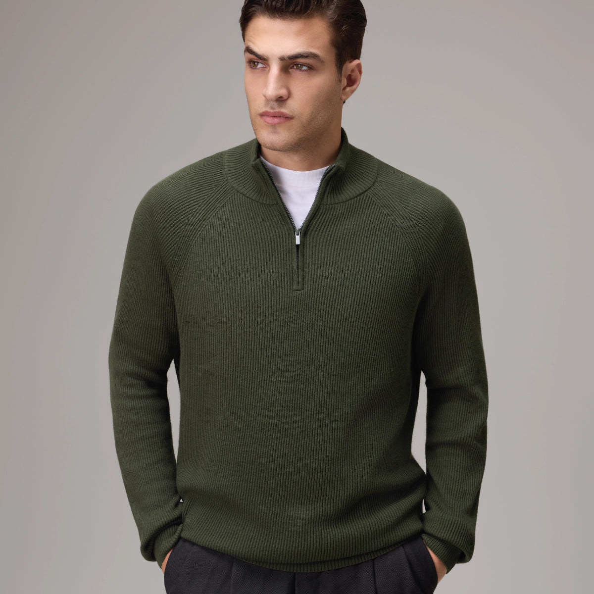 Half-Zip Knit Sweater - Olive Green