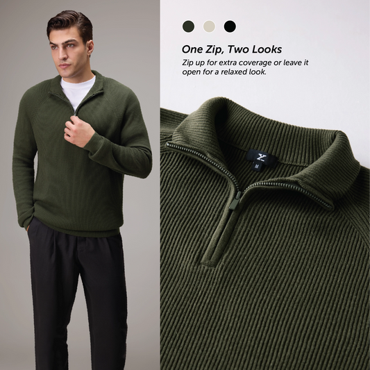 Half-Zip Knit Sweater - Olive Green
