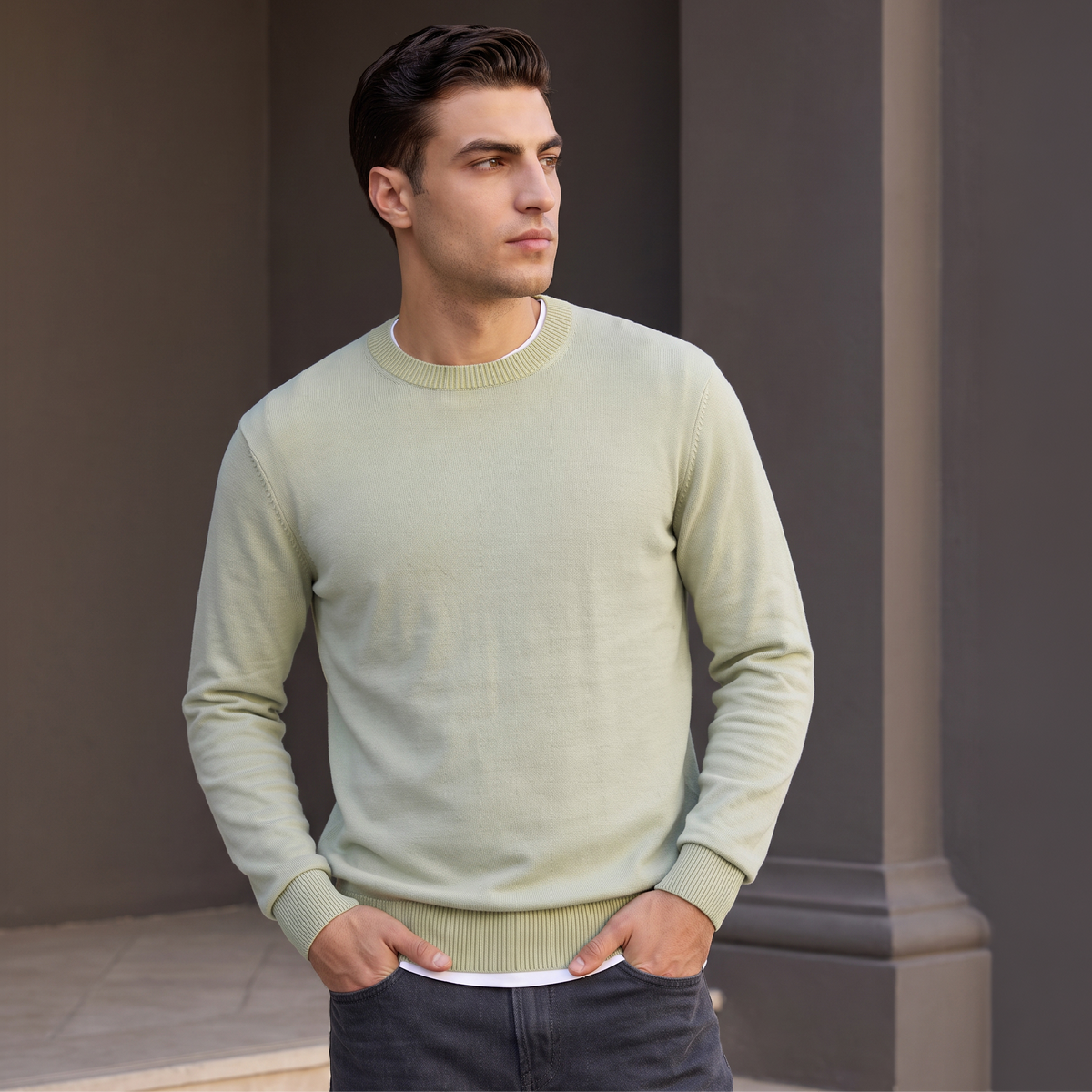 Round Neck Knit Sweater - Misty Mint Green