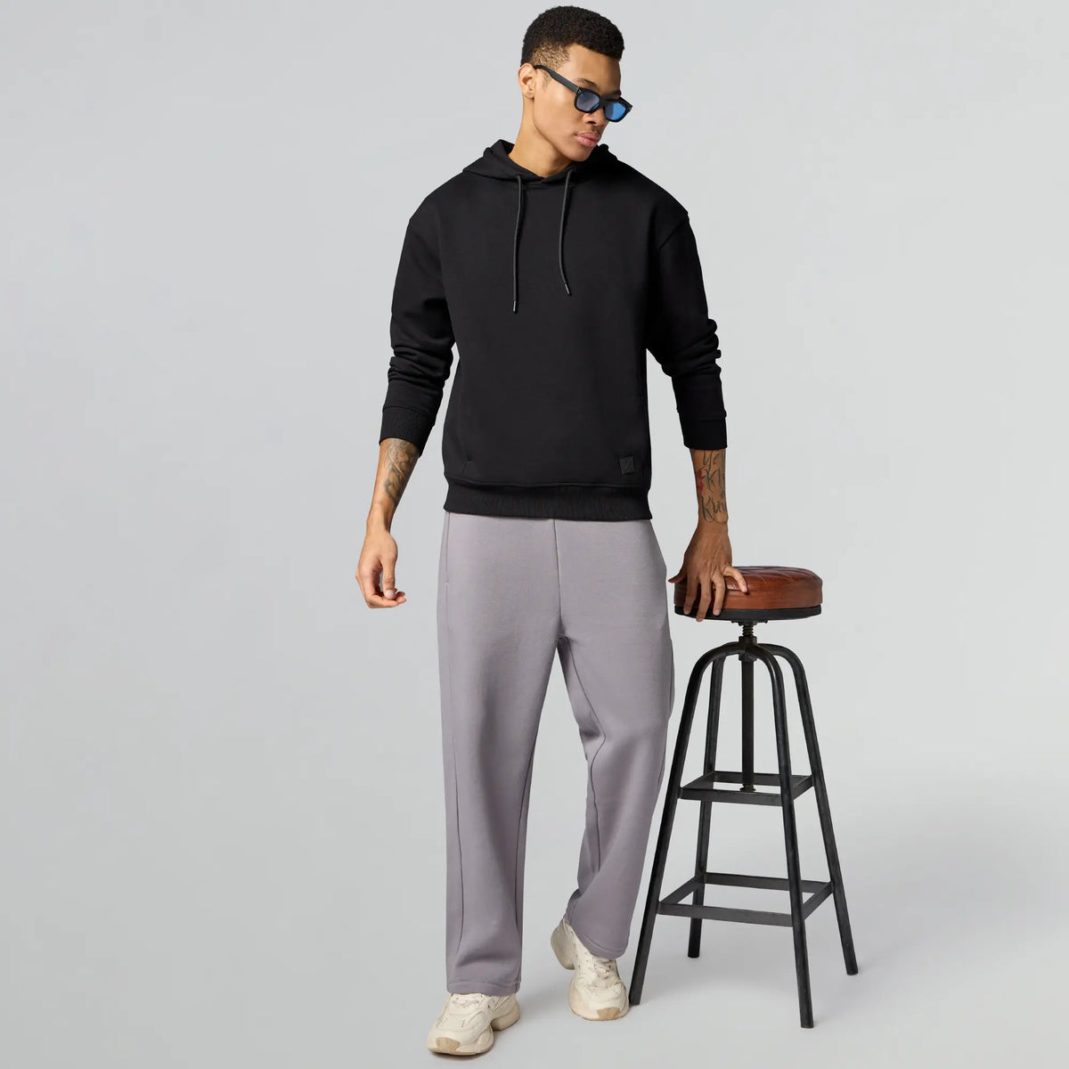 Pulse French Terry Cotton Blend Oversized Hoodie And Sweatpants Co Ord Set Pitch Black And Opal Grey