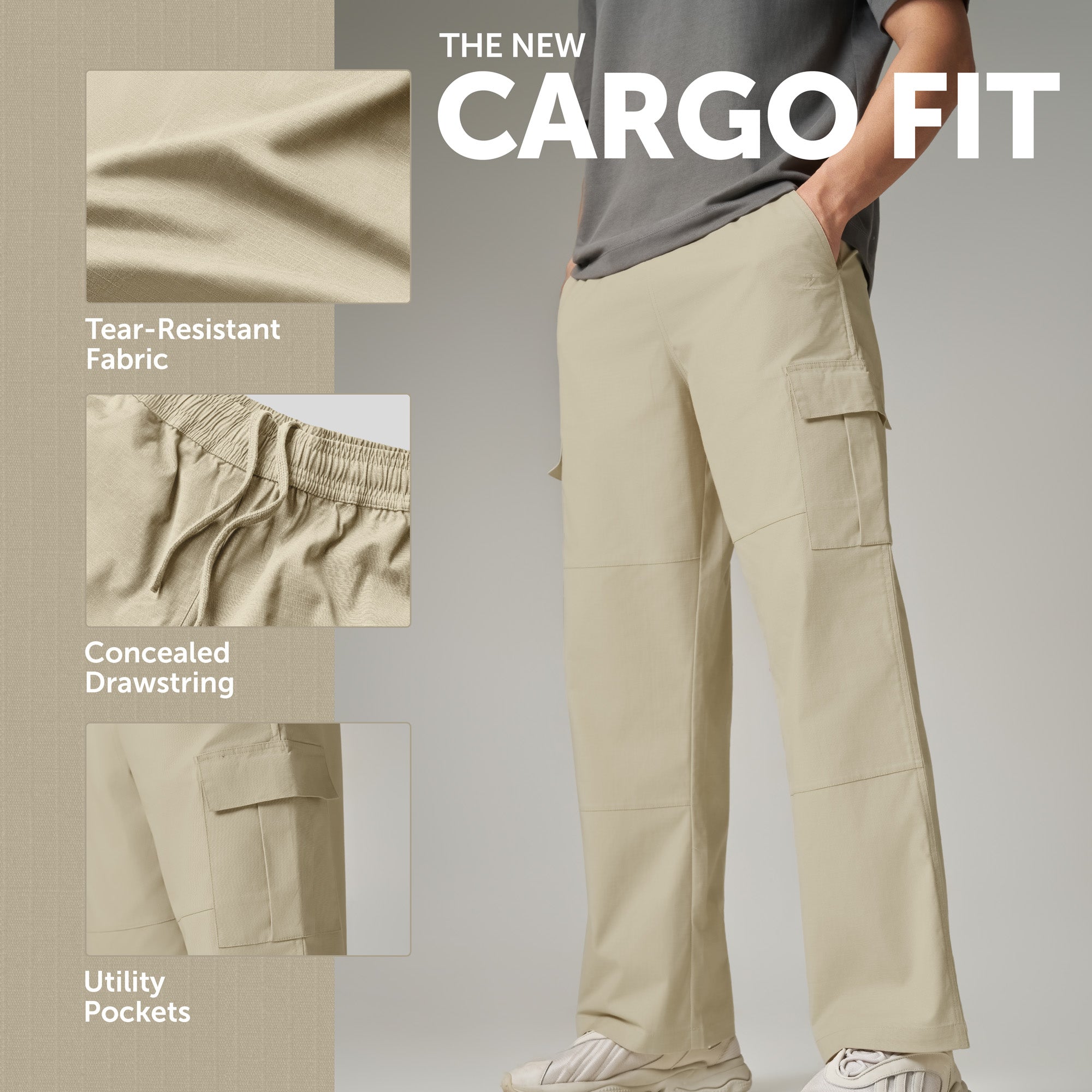 Textured Wide-Straight Fit Cargo Pants - Creamy Tan