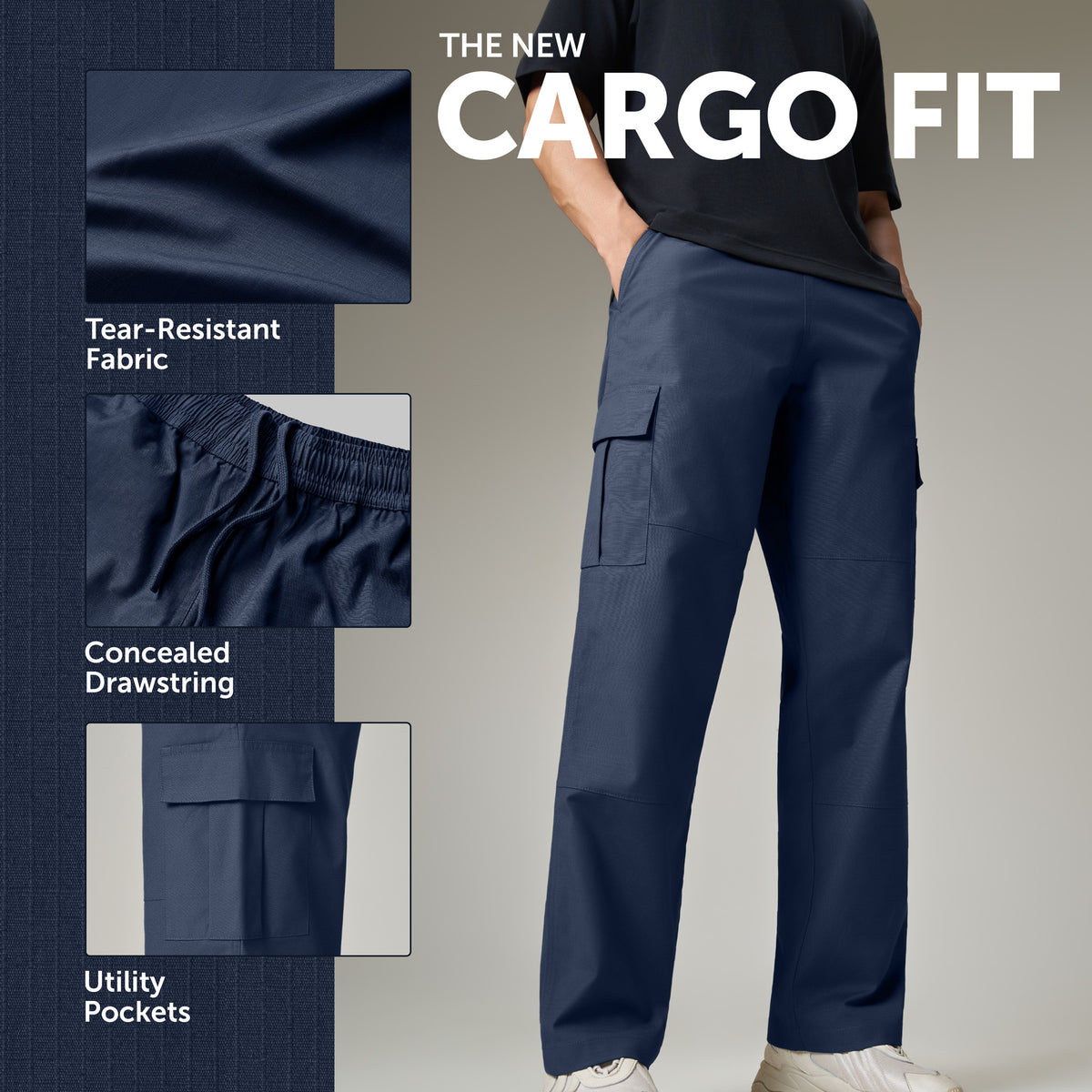 Textured Wide-Straight Fit Cargo Pants - Midnight Blue