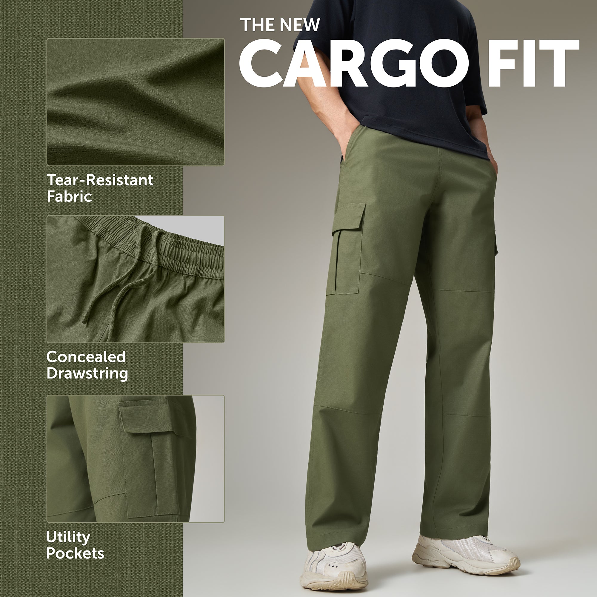 Textured Wide-Straight Fit Cargo Pants - Olive Green