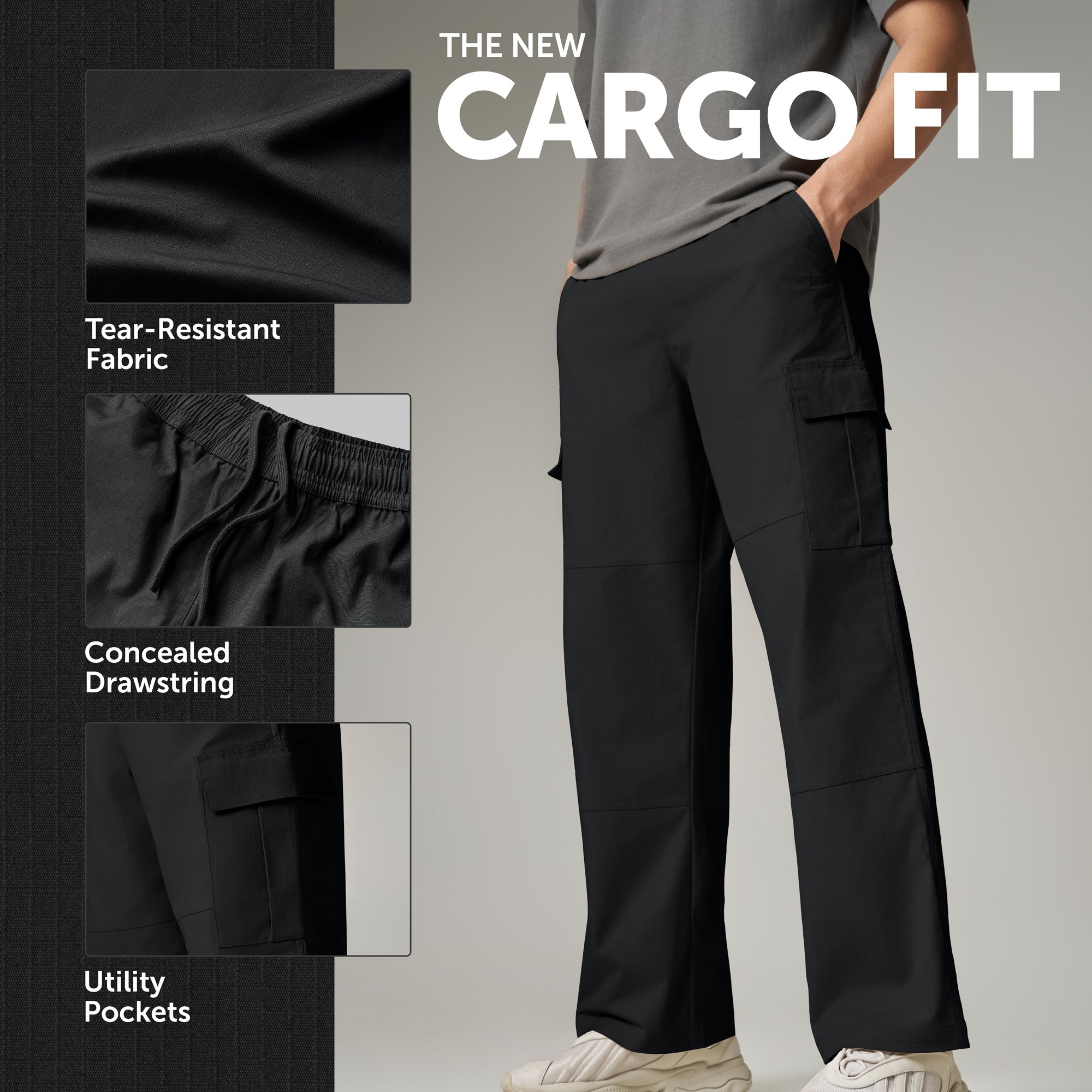 Textured Wide-Straight Fit Cargo Pants - Onyx Black