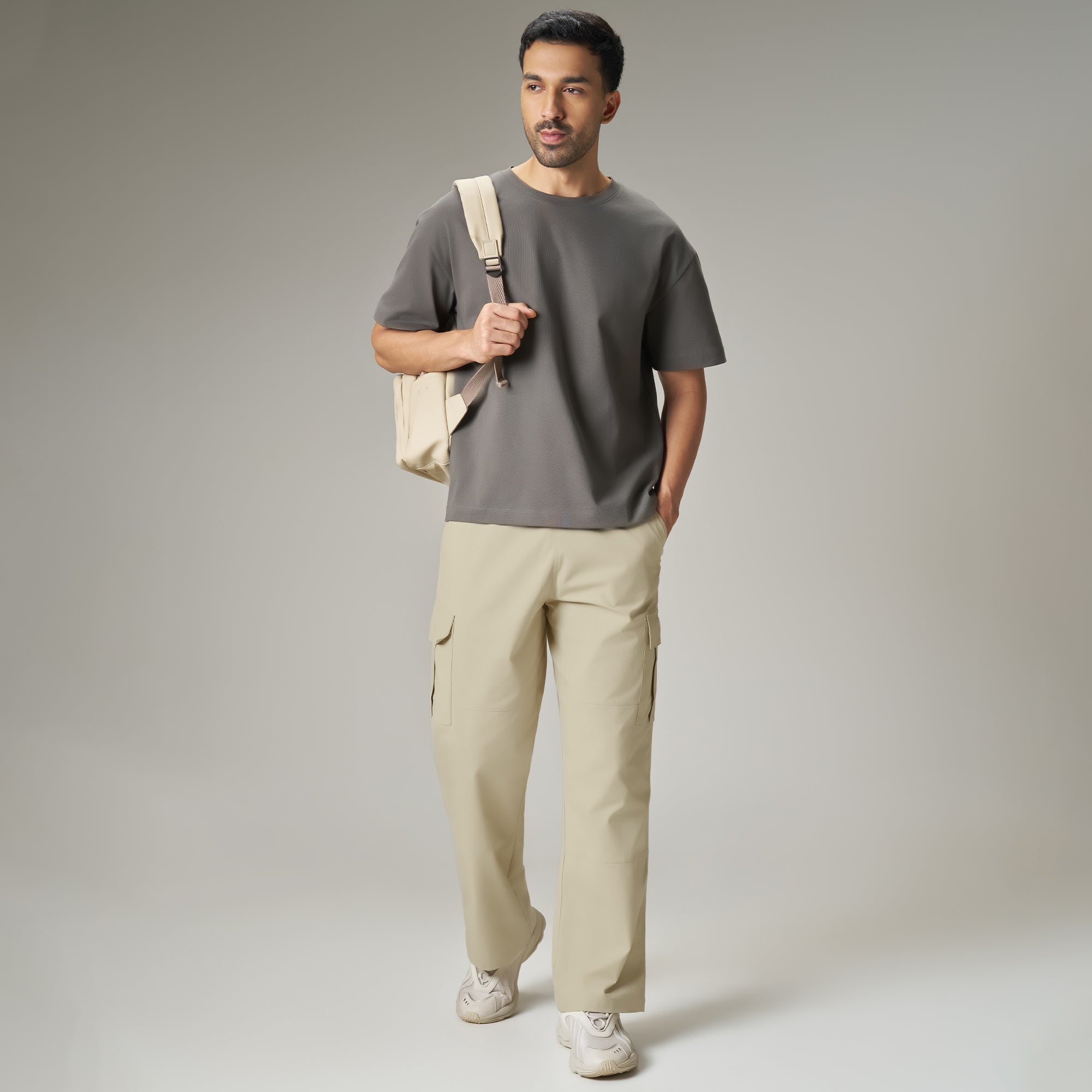 Textured Wide-Straight Fit Cargo Pants - Creamy Tan