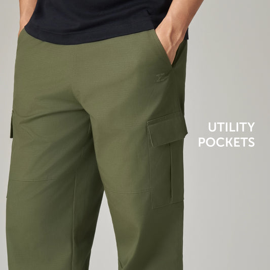 Textured Wide-Straight Fit Cargo Pants - Olive Green