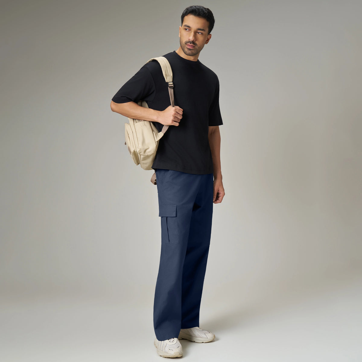 Textured Wide-Straight Fit Cargo Pants - Midnight Blue