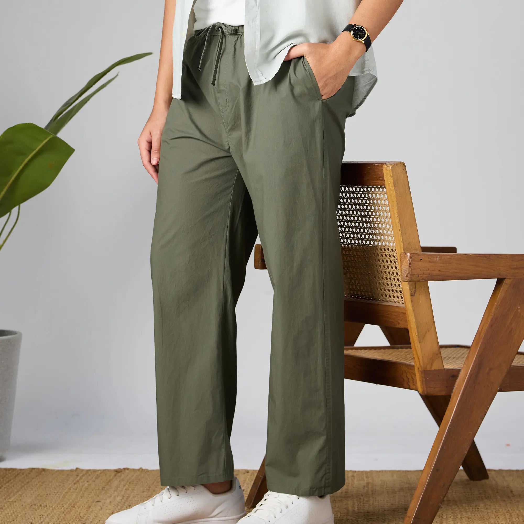 Relaxed Fit Cotton Easy Pants - Olive Green