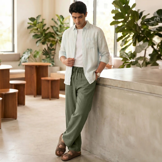 Relaxed Fit Cotton Easy Pants - Olive Green