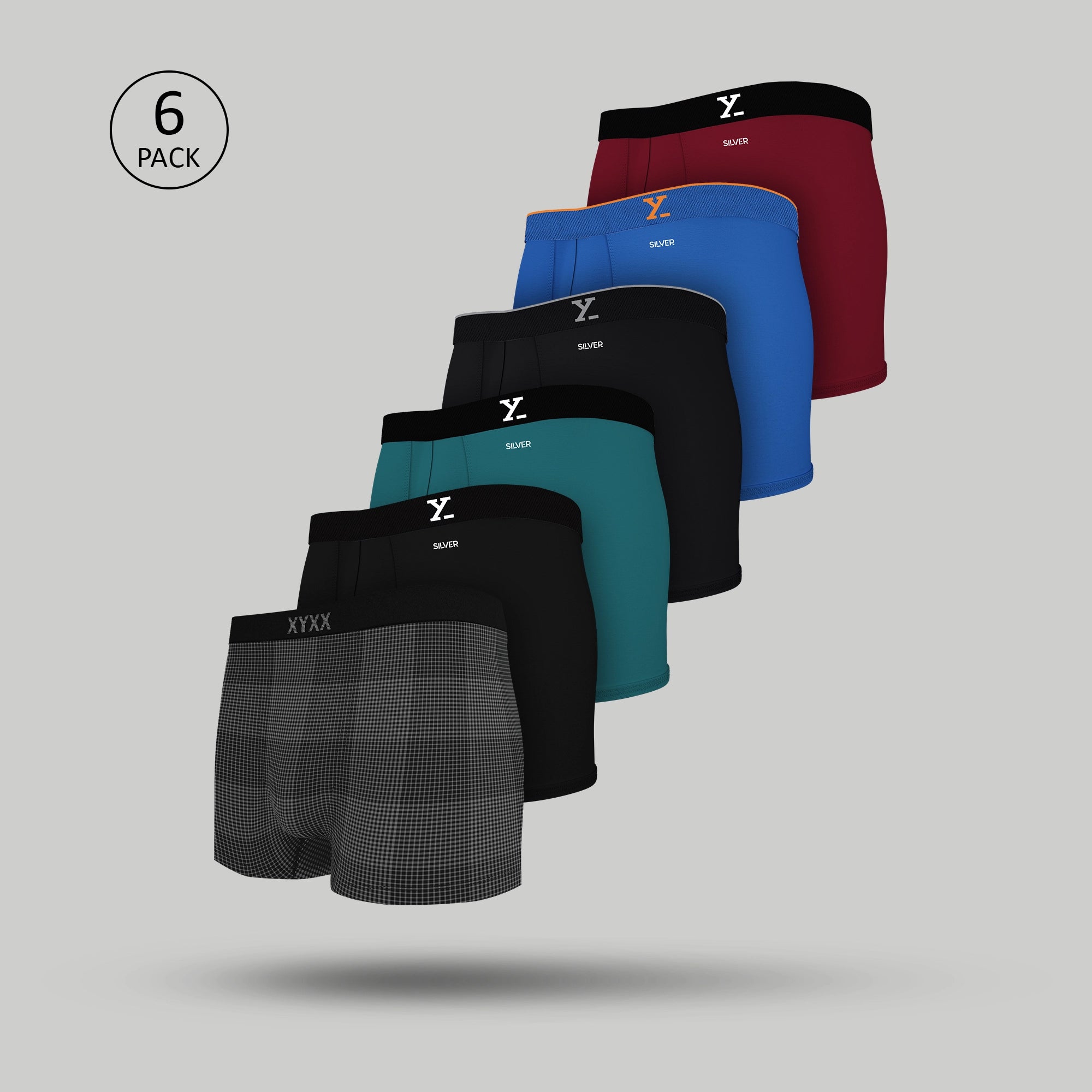 Quad Aero Traq Cotton Trunks Blue Black Bold Burgundy (Pack of 6)