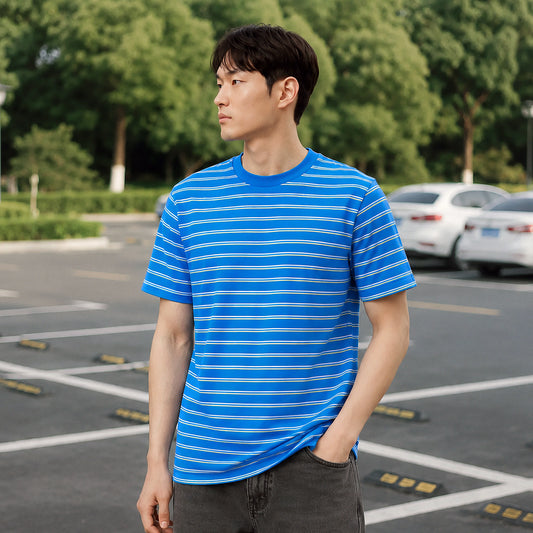 Stripe Cotton Crewneck T-shirt - Pacific Blue