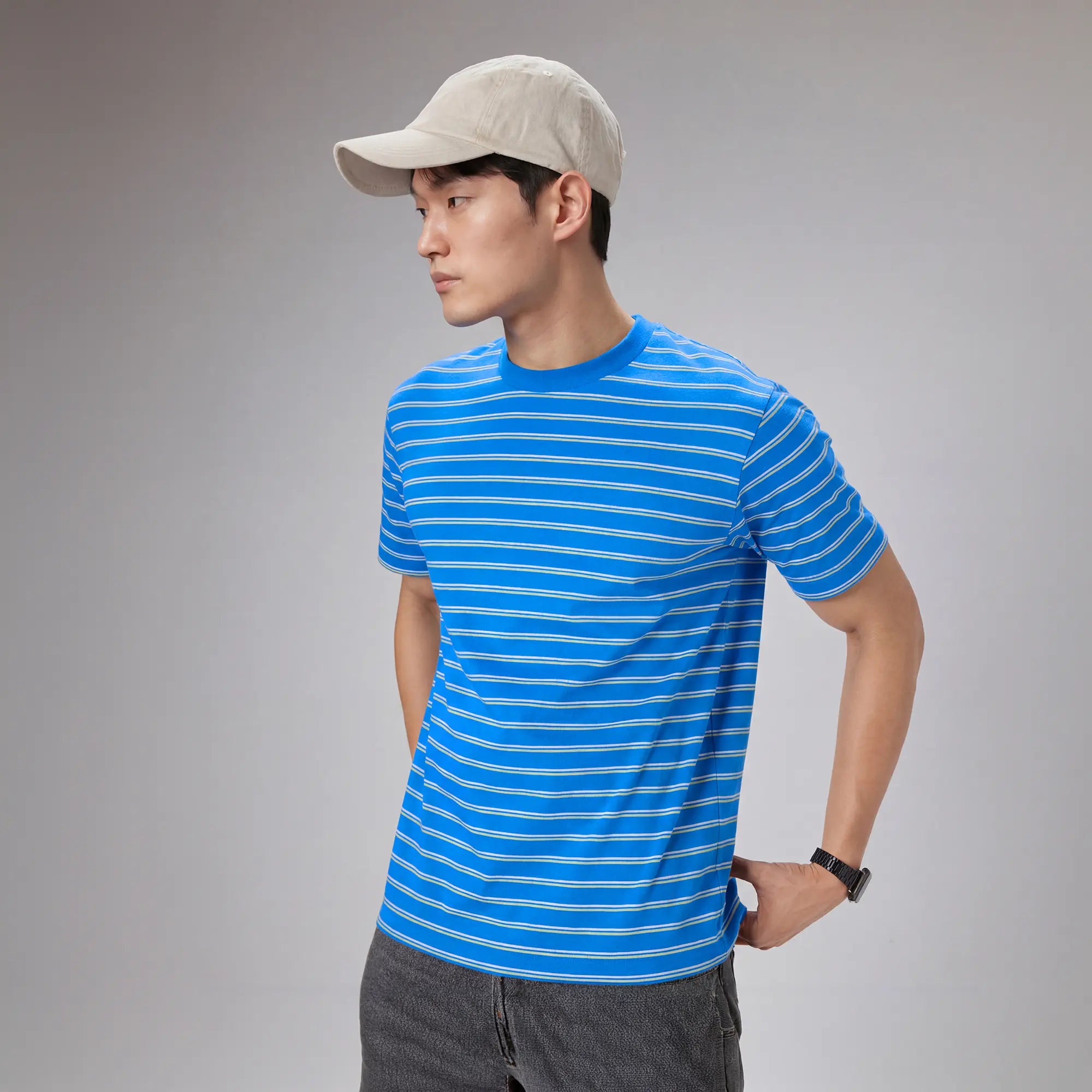 Stripe Cotton Crewneck T-shirt - Pacific Blue