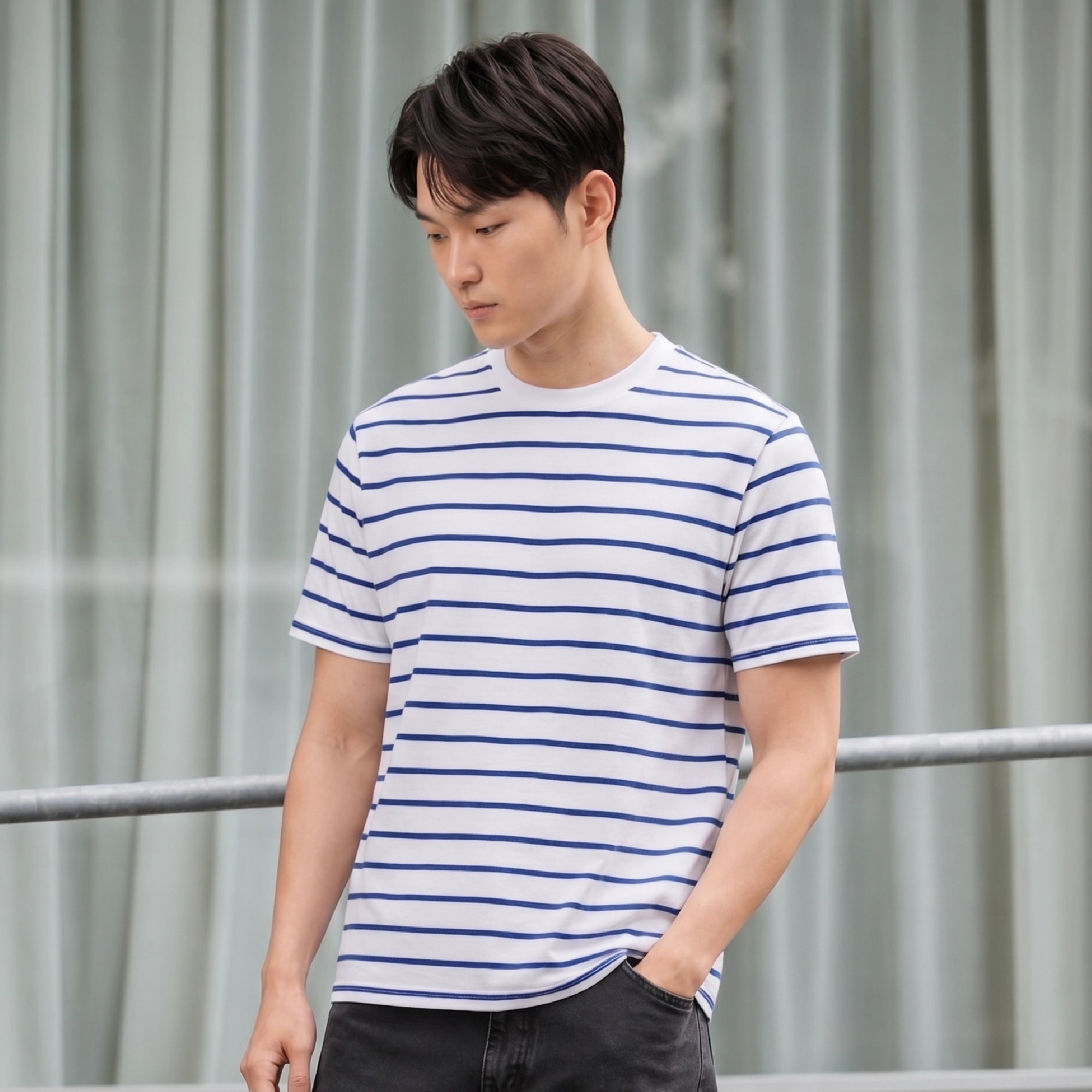 Stripe Cotton Crewneck T-shirt - Polar White