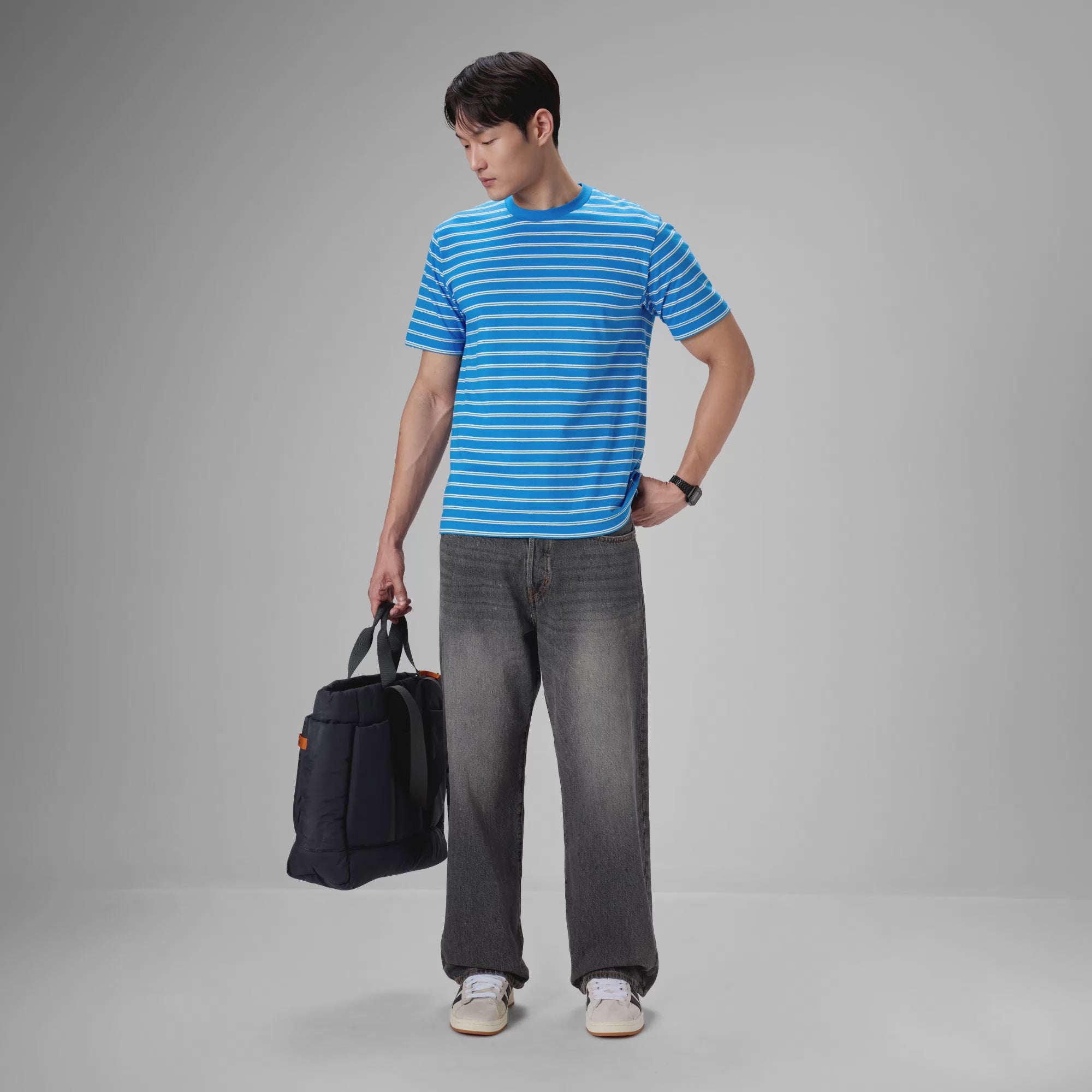 Stripe Cotton Crewneck T-shirt - Pacific Blue
