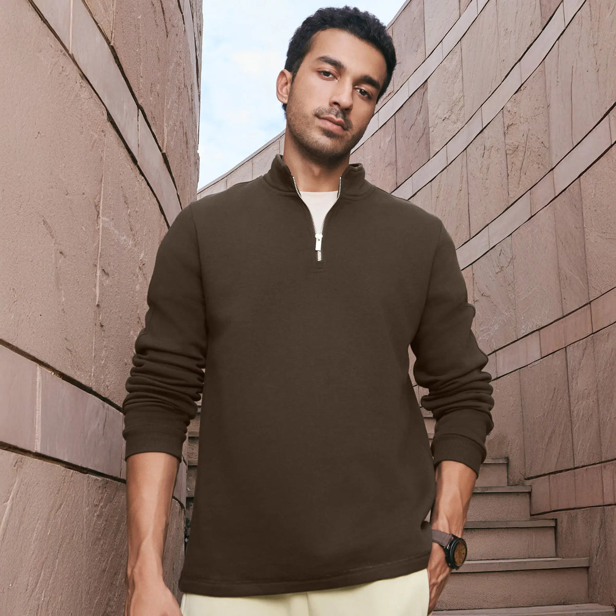 Pulse French Terry Cotton Blend Half Zip Pullover Malt Brown - XYXX Crew