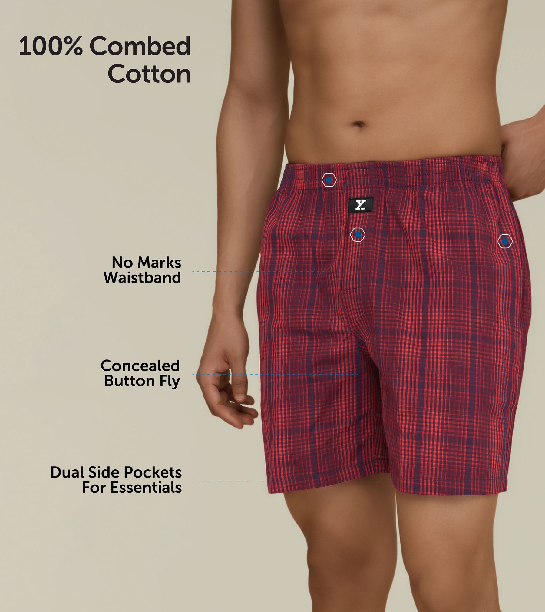 Checkmate Combed Cotton Boxer Shorts For Men Brit Red - XYXX Mens Apparels