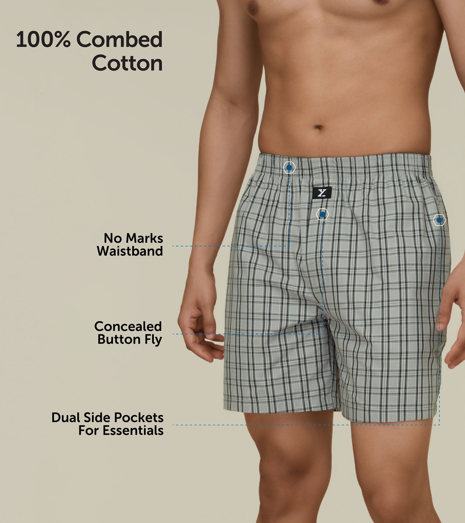 Checkmate Combed Cotton Boxer Shorts For Men Frost Grey - XYXX Mens Apparels