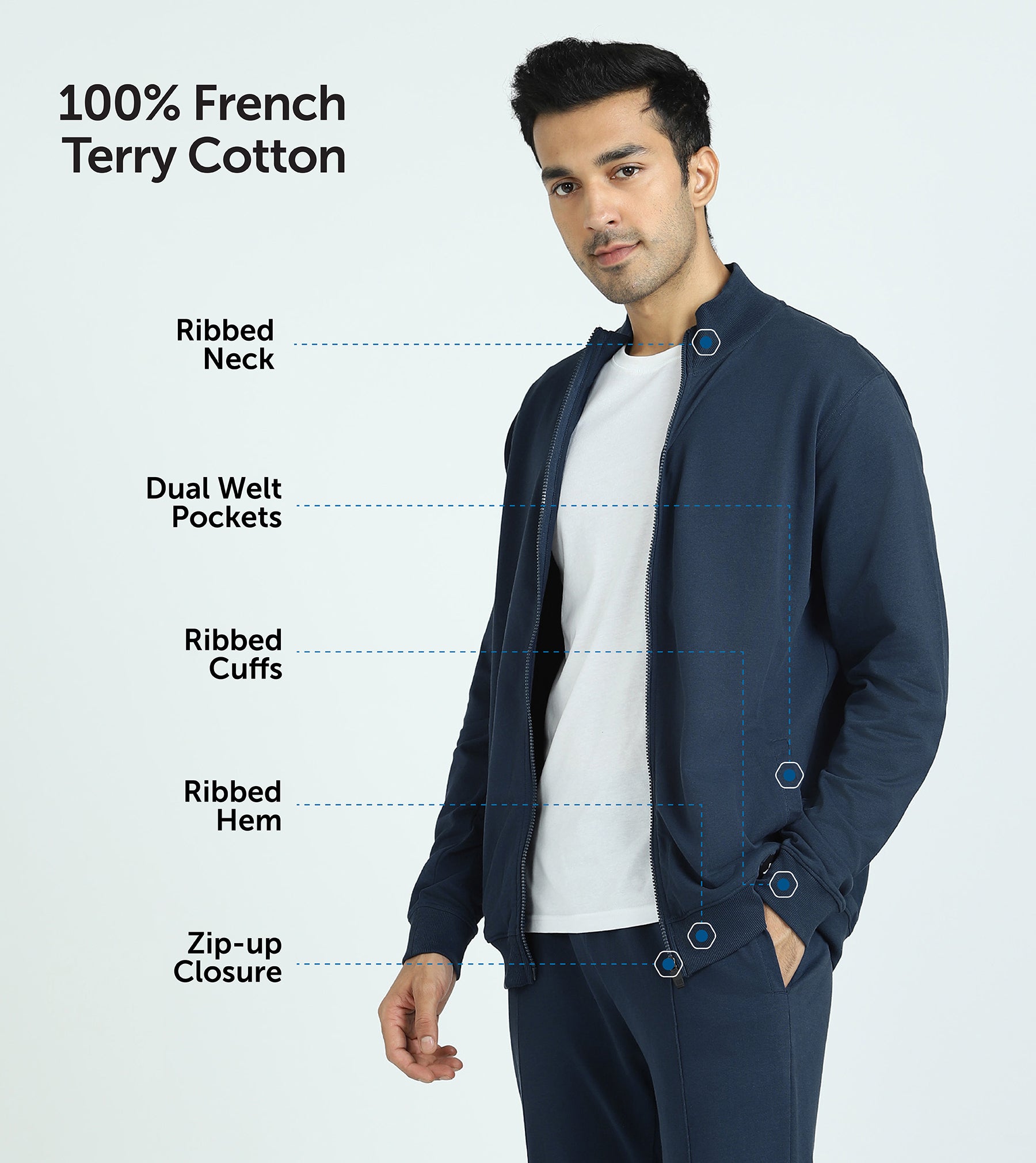 Cruze French Terry Cotton Zip Ups For Men Opal Blue - XYXX Mens Apparels